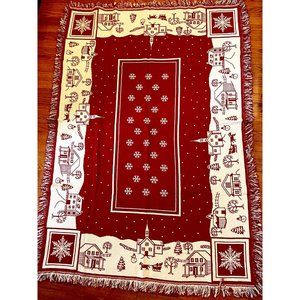 VTG Woven Blanket Christmas Village Red & Off-White Fringed Reversible
